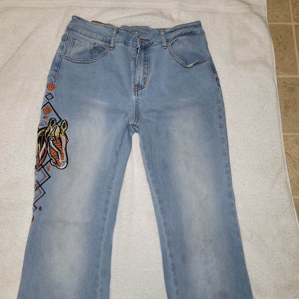 Embroidered Light Blue Jeans with Animal Design